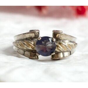 Brutalist Amethyst Accented Twisted Sterling Silver 925 Vintage Ring - sz 7